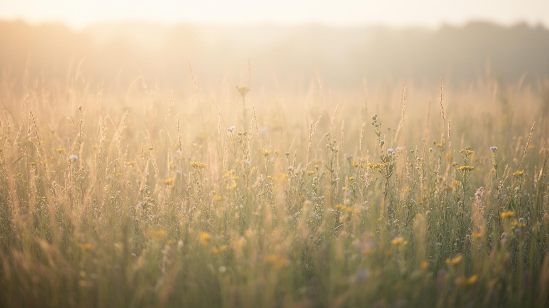 Zacht ochtendlicht over een rustige weide met wilde bloemen